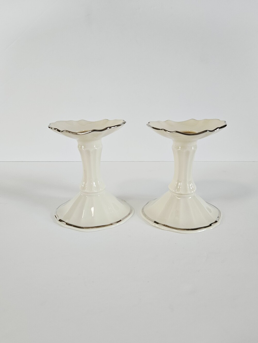 Lenox China Vintage Symphony Pattern Porcelain Candlesticks Ivory Platinum Trim